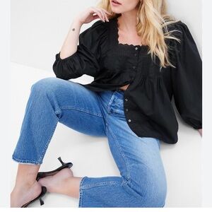 Gap Black Puff Sleeve Button Front Top